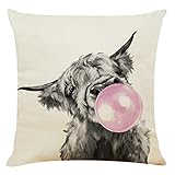 RYKEEN Highland Cow Throw Pillow Cover，18 X 18 Inch Highland Blowing Bubble Gum Cow Decorative Linen Cushion Cover Home Decoration for Couch Sofa Bed（Cow