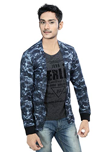 Image of Boy's Cotton White Printed T-Shirt with Blue Jacket Shrug