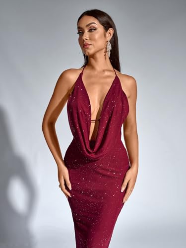 Image of KUTUMAI Women V Neck Long Formal Dress Floral Bodycon Maxi Split Back Dresses Sexy Sequin Evening Cocktail Party Gown