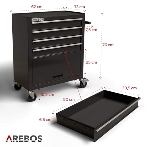 Arebos Werkstattwagen 4 Fächer + großes Fach/mit Antirutschmatten / 2 Rollen mit Festellbremse (Schwarz) - 2