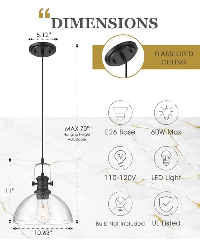 Image of 2-Pack Black Pendant Lights Kitchen Island, 10.5 inch Farmhouse Pendant Lighting with Clear Seeded Glass Shade, Vintage Hanging Light Fixtures for Dining Room, AD-22151-1P2L-BK