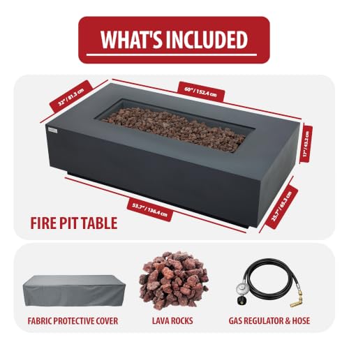 Image of AMS Creations | Madison 60 inch Rectangular Propane Gas Outdoor Fire Pit Table | Dark Gray Concrete GFRC | Smooth Texture or Surface | Electronic Ignition | Outside Backyard Fireplace