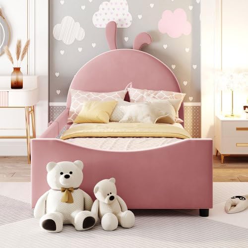 Miniatura 3 de Sofá cama tapizado de terciopelo de tamaño individual con cabecera en forma de oreja de conejo, plataforma de madera para niños y niñas, dormitorio,