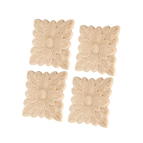 Annadue Applique Sculptée en Bois 4 Pièces, Décoration de Meubles à Motif de Fleurs, Fourniture Artisanale d'onlays Ornés, Appliques en Bois sculpté pour Portes d'armoires Murales de Jardin