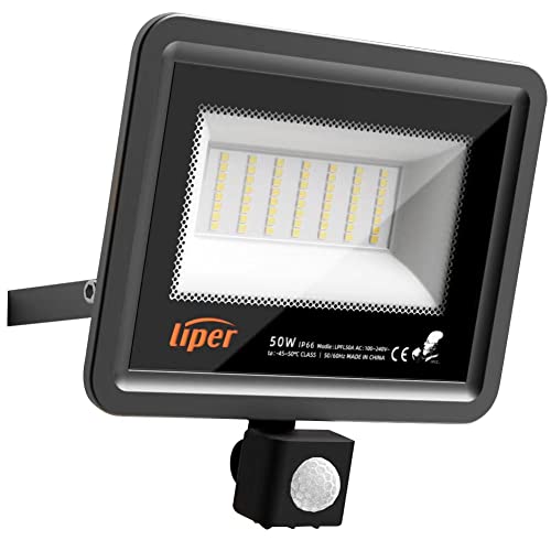 LIPER capteur infrarouge projecteur led exterieur detecteur de mouvement 50W, 5000LM, 6500K, IP66 led exterieur detecteur, Largement Utilisé Dans Les Garages, Les Jardins, Les Cours, etc……