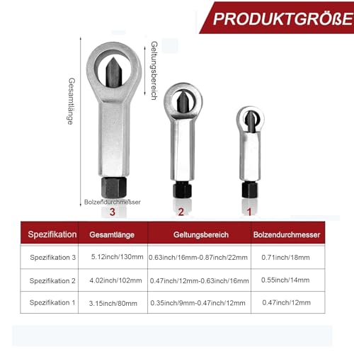 Anhoer 3 Teiliges Mutternsprenger Mutter Entferner Extraktions Werkzeug 9-12mm/12-16mm/16-22mm Mutternlöser Mutternspalter Entferner Gebrochener und Beschädigter Muttern Werkzeug