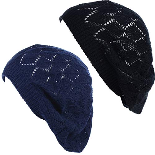 an Womens Lightweight Cut Out Knit Beanie Beret Cap Crochet Hat - Many Styles (One Size, 2681BKNAVY)