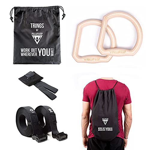 PULLUP & DIP Premium Turnringe Holz, Gym Rings Gymnastikringe, Turnerringe für Calisthenics Breite Befestigungsgurte mit Markierungen + Türanker + Transportbeutel + eBook (3 Griffpositionen)