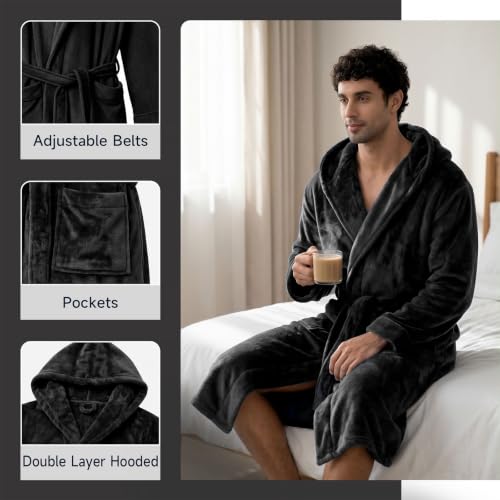 Lagtew Men's Hooded Premium Plush Warm Bathrobe w/ Pockets - image 3