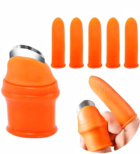 Kyrotech 6'lı Silikon Başparmak Bıçağı ve Kesilmeye Dayanıklı Parmak Kılıfı Seti; Meyve ve Sebze Toplama için Paslanmaz Çelik Kesici, Bahçe Budama Eldiveni Kiti