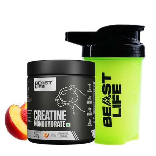 Image of BeastLife Micronised Creatine Monohydrate with Free Shaker | 319 g | 86 Servings | Peach | NABL Lab Tested | Rapid Absorption for Muscle Strength & Athletic Performance | Super Micronised Creatine Powder