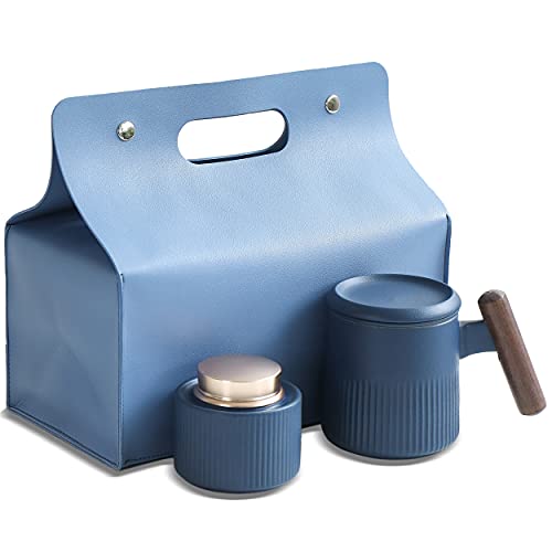 TEANAGOO Taza y recipiente de infusión de té de cerámica, 2 piezas juego con bolsa de cuero de lujo, el mejor regalo para los amantes del té, 340ml, Q3, azul marino, gres esmaltado.