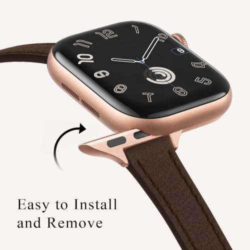 Image of STIROLL Slim Leather Bands Compatible with Apple Watch Band 38mm 40mm 41mm 42mm 44mm 45mm 49mm,Top Grain Leather Watch Thin Wristband for iWatch Ultra SE Series 8 /7 /6 /5 /4 /3 /2 /1 (Coffee with Rose Gold)