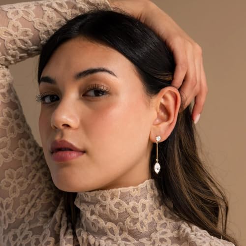 18K Gold Plated Cubic Zirconia Crystal Dangle Earrings for Women Hypoallergenic Long Marquise Diamond Drop Earrings Elegant Dangling Earrings for Bridal Minimalist Wedding Jewelry4