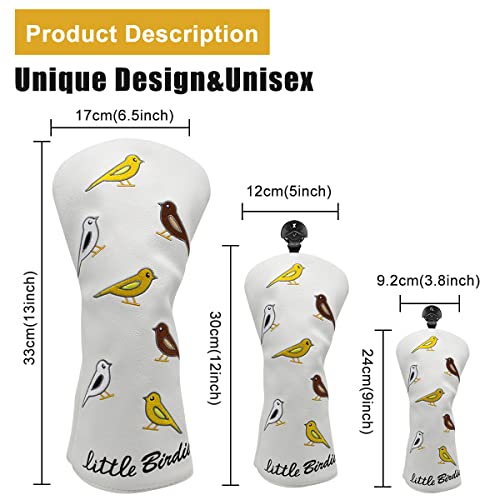 Golf Club Headcover Golf Birdie Birds Driver Fairway Wood Hybrid Wood Head Cover Mallet Blade Putter Cover 3pcs 1pc for Golf Wood Club Head, White