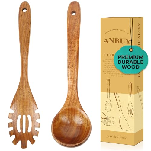 Wooden Spoons for Cooking, Natural Teak Wood Kitchen Utensil Set, Large Soup Ladle and Pasta Slotted Fork Strainer Spoon with Teeth for Cooking Serving Sauce (2 Pcs)