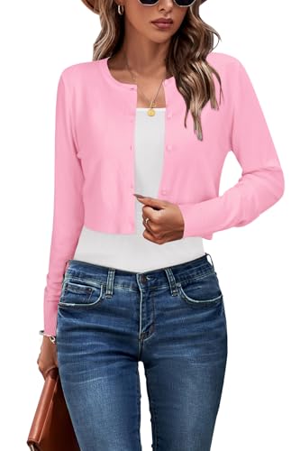 Newshows Cardigan Sweaters for Women 2025 Dressy Pink Casual Lightweight Crew Neck Button Down Open Front Knit Bolero Shrug Business Sweater(Pink, Medium)