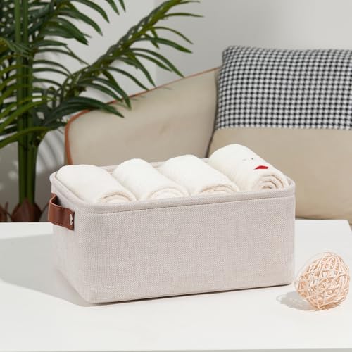 Image of DULLEMELO Small Storage Basket for Shelves, Small Fabric Collapsible Rectangular Storage Bin for Shelves, Closets, Nursery, Home, Office, Empty Gift Basket (Beige)