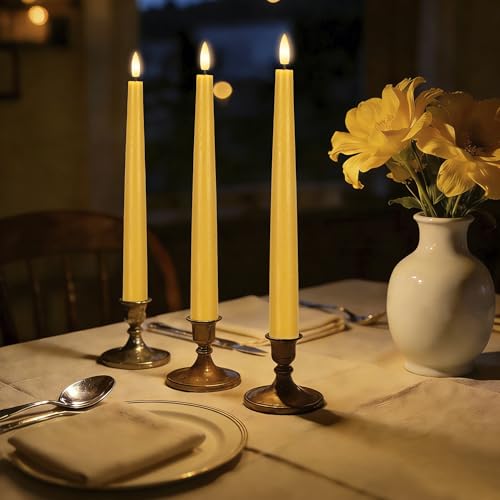 Image of Yellow Flameless Taper Candles with Remote, 9.6 Inches Real Wax Battery Operated Candles, 3 Pack Flickering LED Candlesticks, Tall Taper Fake Candles for Home, Wedding, Party