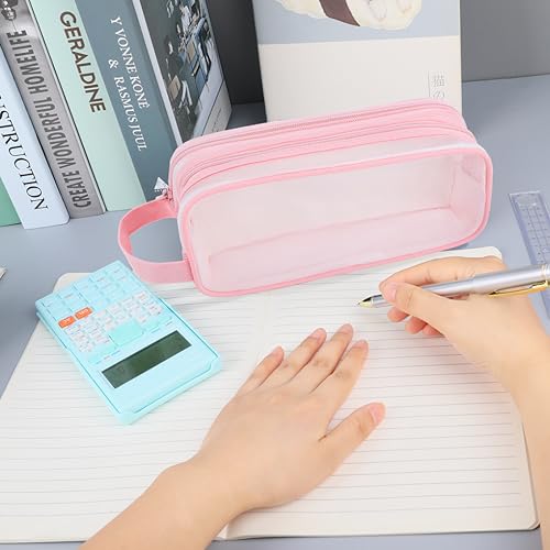Image of Oyachic Clear Pencil Case,Grid Mesh Pencil Pouch,Pencil Bags with Double Zipper,Transparent Pencil Box for Aduts, Pink