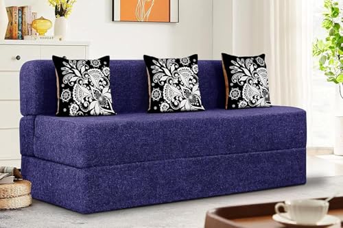 Image of Rosebell Three Seater Sofa Cum Bed | Jute Fabric Washable Cover | with 3 Printed Cushions Perfect for Guest | Purple | 5' X 6' Feet