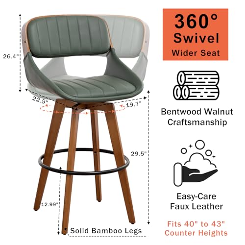Set de 2 butacos de altura de barra - Butacos giratorios de estilo mid century de 29,5 pulgadas con asiento tapizado en cuero sintético, estructura de nogal y patas de bambú, para cocina/isla/bar/café (verde nogal) miniatura 2