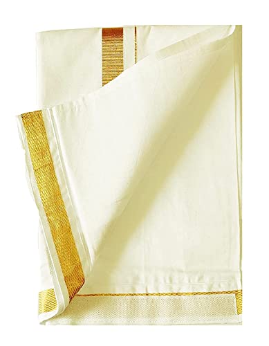Kolakeer® Men's Easy-To-Wear Welcro Zari Border Cotton Dhoti with Pocket - Double Layer Dhoti with Adjustable Waist Size (Gold, Cream)4