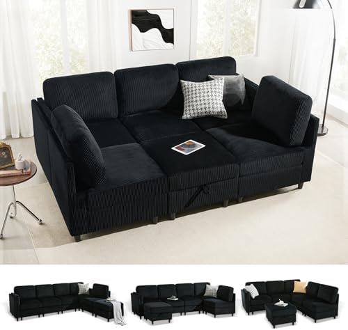 KKL Modular Sectional Sofa Bed - Sofa Couch with Storage Ottoman, Convertible L/U-Shaped Sleeper Couch for Living Room, Modern Reversible Design, Black