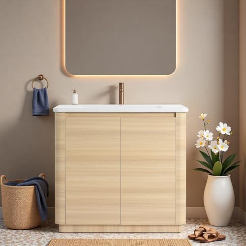 Image of 36 inch Bathroom Vanity with Ceramic Sink, Freestanding Bathroom Vanity with 2-Soft-Close Door, Soft-Closing Hinges & Hidden Handles for Home, Farmhouse, Easy to Clean Design, White Oak
