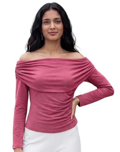 Image of Selvia Women's Off Shoulder Ruched Long Sleeve Top, Stylish Casual Slim Fit Stretch Top