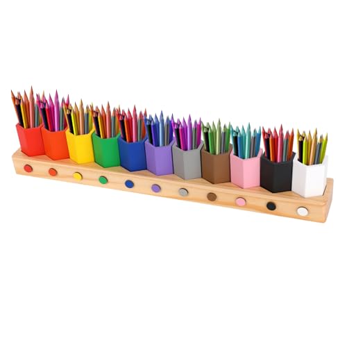 Diegimr Wooden Multi-Colored Pencil Holder Movable Montessori Crayon Organizer Pen Holder Pencil Cups Desk Storage Organizer for Kids Classroom Office Home Desk School Supply