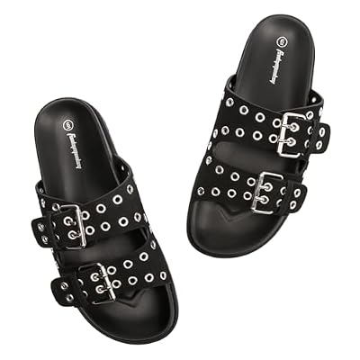 FUNKYMONKEY Women's Eyelets Adjustable Double Strap Slides Slip On Comfort Flat Sandals for Summer