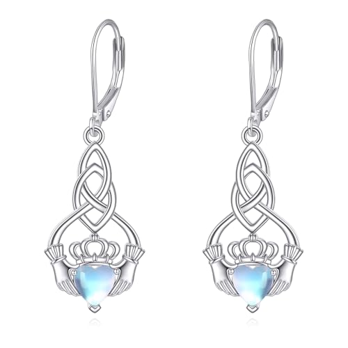 Boucle oreille pendante Claddagh femme en argent 925 avec nœud celtique et pierre de lune