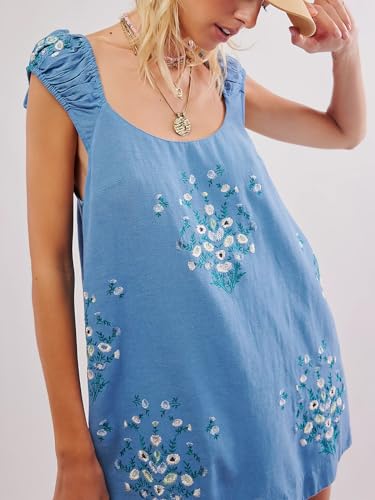 Linen Mini Cute Dress Women Floral Embroidered Dress with Crew Neck and Sleeveless Casual Guest Vintage Dresses2