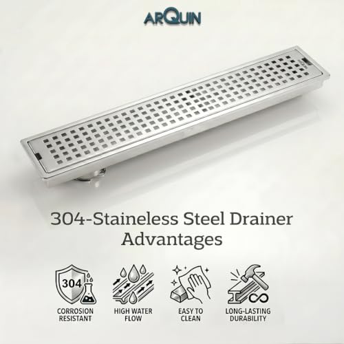 Image of ARQUIN Shower Drain Channel 24x4 Inch Floor Drainer 304 Grade Stainless Steel Bathroom Floor Drainer Water Drain Jali Channel for Bathroom with Cockroach Trap (1mm Thickness)