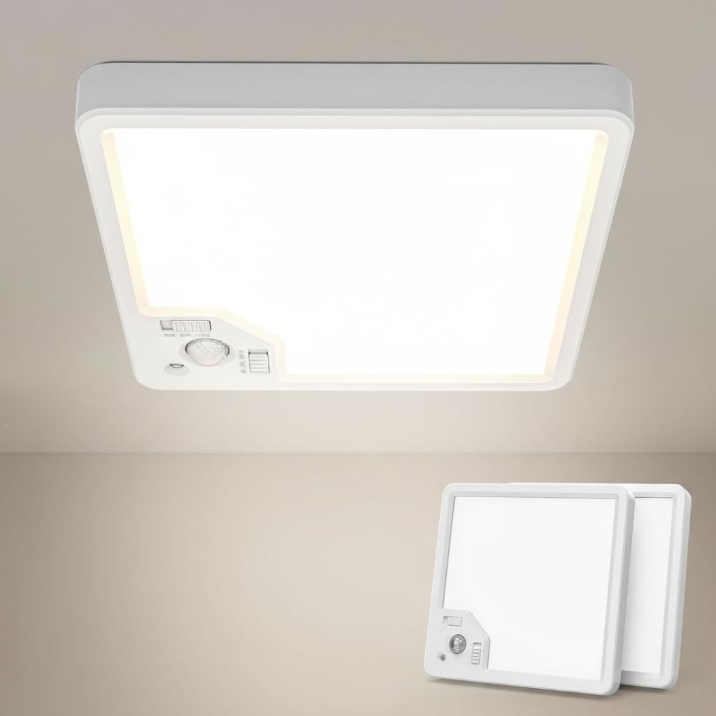 2 Stück Deckenlampe mit Bewegungsmelder–18W 1800LM LED Deckenleuchte, Flache Lampe mit Bewegungssensor Innen, 3 Farbtemperaturen, mit Radar Bewegungssensor und Dämmerungssensor für Flur Keller Balkon