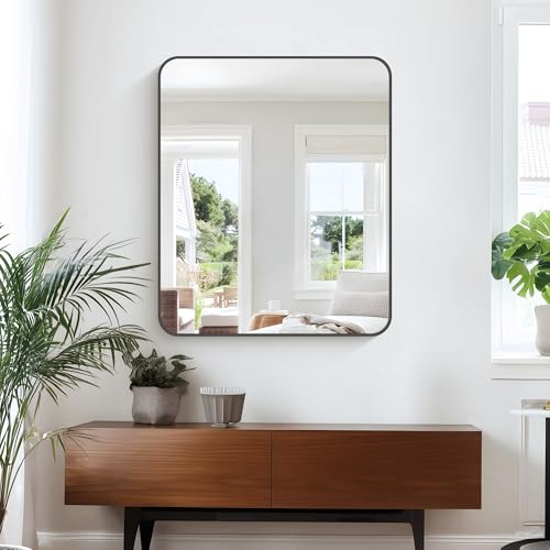 Image of KOCUUY 30x36 Inch Rectangle Bathroom Mirror with Black Metal Frame,Modern Design of Wall Mounted Upgraded Shatterproof Glass, Rounded Corners for Bedroom, Living Room, Entryway