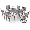 MFSTUDIO 7 Pieces Cast Aluminum Retro Design Patio Dining Set with 2 Swivel & Rock Chair, 4 Extra Wide Dining Chair and 1 63" Rectangular Dining Table, Outdoor Furniture for 6, Brown