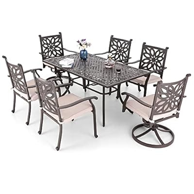 MFSTUDIO 7 Pieces Cast Aluminum Retro Design Patio Dining Set with 2 Swivel & Rock Chair, 4 Extra Wide Dining Chair and 1 63" Rectangular Dining Table, Outdoor Furniture for 6, Brown