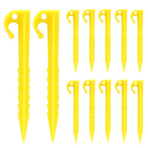 Moicstiy 12 Pack Plastic Tent Stakes, 5.7 Inch Yellow Serrated Edges Durable Garden Landscape Stakes Tent Spikes Hook for Camping, Gardening, Outdoor Beach