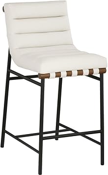 MAKLAINE Contemporary Vegan Leather Counter Stool, Soft Cream Finish, Matte Black Metal Frame, Walnut Wood Accent, 18" W x 24" D x 37.5" H, Counter Height Seating for Kitchen or Bar Use