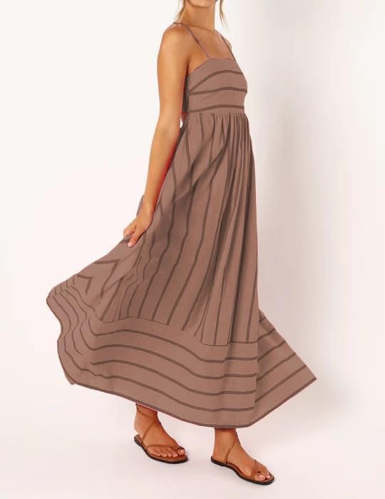 Robe longue rayée dos nu avec bretelles spaghetti et découpes graphiques