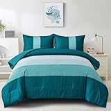WONGS BEDDING Comforter Set King, Reversible Teal Blue Striped Patchwork Down Alternative Comforter for King Bed,3 Pieces (1 Comforter+2 Pillowcases), Soft Microfiber Bedding Set 104'×90'