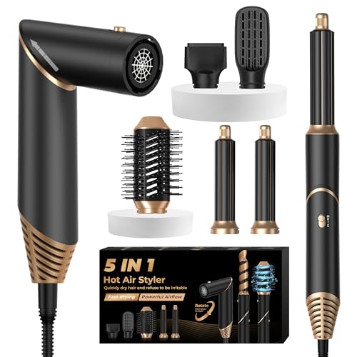 UKLISS Cepillo de Aire& Secador Pelo Ionico 5 en 1 Airstyler Cepillo Secador de Pelo para el Peinado Cepillo Alisador Pelo Rizador Pelo Ondas Moldeador Pelo Caja Regalo Mujer, Negro/Oro