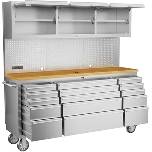 CHETTO C 72-inch Rolling Tool Chest Cabinet Mobile Workbench with 15 Storage Drawers and Wheels 3 Upper Cabinet Outlet SS Pegboard Stainless Steel Tool Box for Garage Warehouse