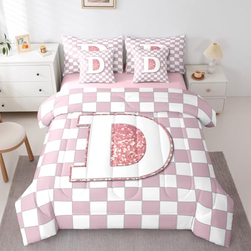 Image of Erosebridal Pink Initial D Queen Bedding Set 7 Piece Kawaii Plaid Checkered Bed in A Bag with Sheets Cute Personalized Monogram Comforter Set for Kids Girls Teen Women,Fashion Grids Gingham Bed Sets