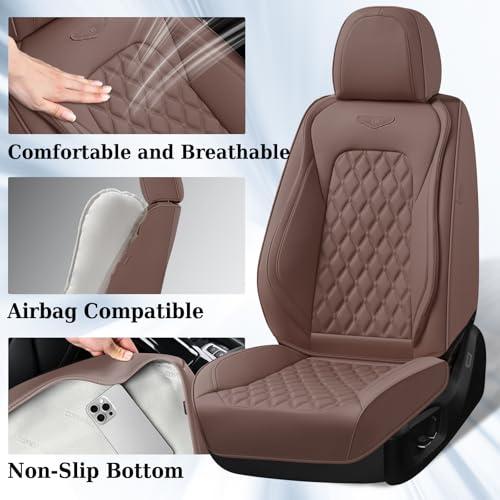 Image of Coverado Full Set Car Seat Covers, Brown Leather Seat Protectors for Cars, Waterproof Luxury Front & Back Car Seat Covers, Universal Fit for Most Cars-Brown