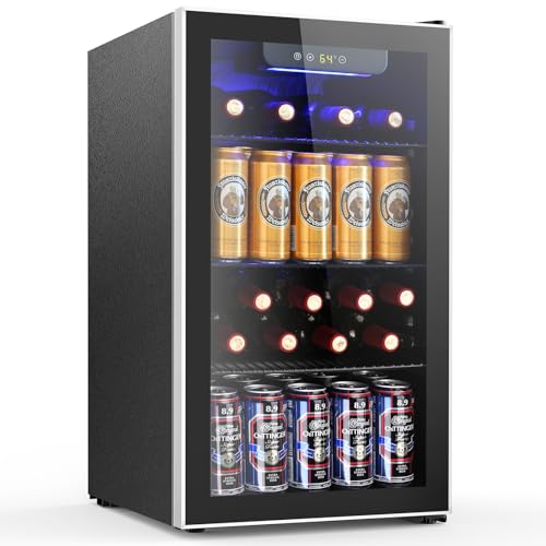Joy Pebble Beverage Refrigerator Cooler,130 Can Mini Fridge with Glass Door for Beer Soda Wine, Small Drink Fridge with Adjustable Thermostat, Beverage Fridge for Bar Home Office,3.2 Cu.Ft