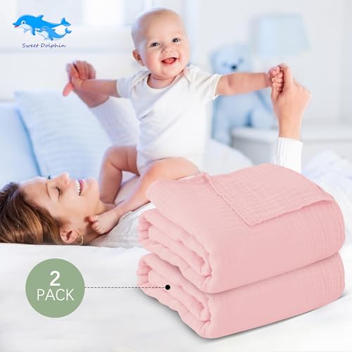 Image of SWEET DOLPHIN Muslin Baby Bath Towels Blanket - 2 Pack 100% Cotton Towel for Babies, Infants, Toddlers - 40x40Inch - Highly Absorbent, Pink