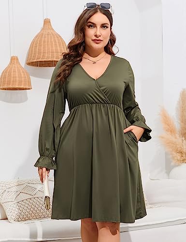 Image of ShopWonder Plus Size Dress Women's V Neck A-Line Knee Length Wrap Swing Dresses Plus Size A Line Party Mini Dress
